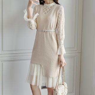 Set: Bell-sleeve Midi Mesh Dress + Sleeveless Knit Dress
