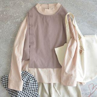 Set: Long-sleeve Plain Shirt + Plain Single-breasted Vest