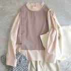 Set: Long-sleeve Plain Shirt + Plain Single-breasted Vest