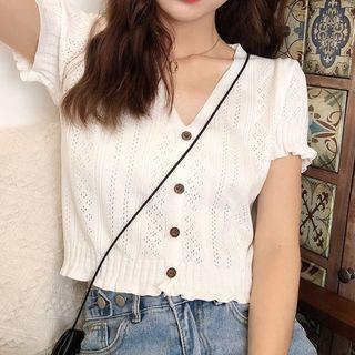 V-neck Plain Perforated Button Crop Top