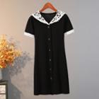 Short-sleeve Lace Trim Buttoned Knit A-line Dress Black - One Size