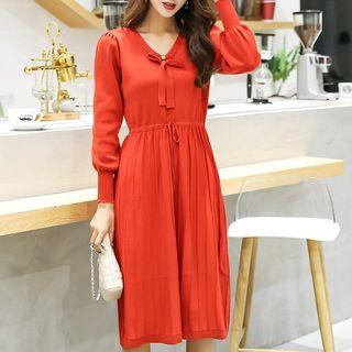 Long-sleeve Tie-neck Midi Knit Dress