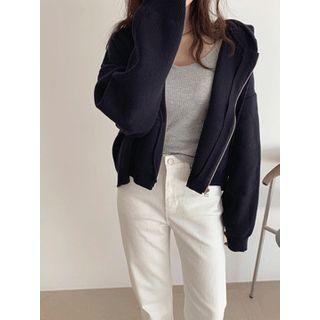 Hooded Zip-up Knit Top One Size
