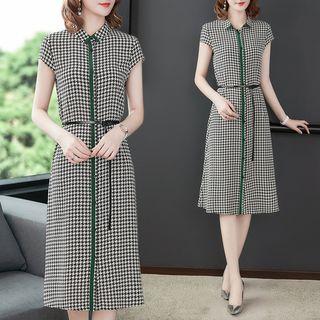 Houndstooth Short-sleeve Midi A-line Dress