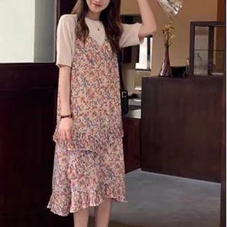 Set: Short-sleeve Knit Top + Floral Print Midi Overall Dress