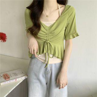 Short-sleeve Mock Two-piece Panel Top