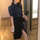 Set: Puff-sleeve Ruffled Striped Blouse + Shirred Pencil Skirt