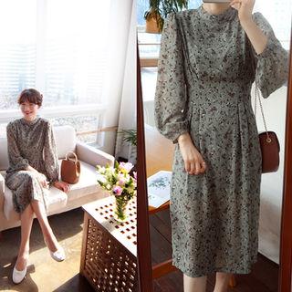 Mock-neck Floral Print Midi Dress Khaki - One Size