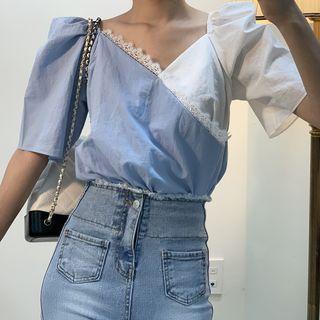 Elbow-sleeve Lace Trim Color Block Top