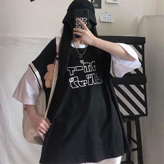 Mock Two-piece Elbow-sleeve Japanese Character T-shirt
