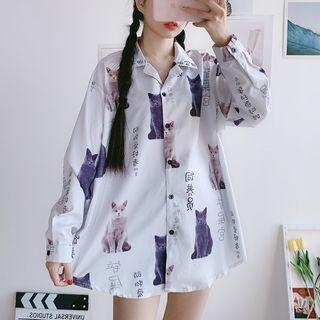 All Over Cat Shirt Long Sleeve - Cats - Gray - One Size