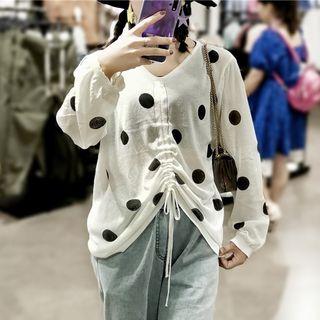 Long-sleeve Polka Dot Drawstring Knit Top