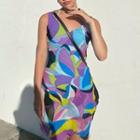 Sleeveless Pattern Print Ruffled-trim Mini Bodycon Dress