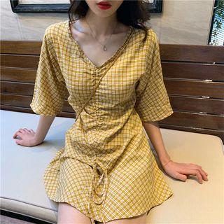 3/4-sleeve Plaid Drawstring Mini Dress