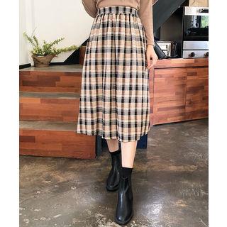 Plaid A-line Midi Skirt Beige - One Size