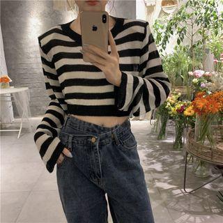 Long-sleeve Stripe Cropped Top Stripe - One Size