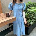 Short-sleeve Button-up Midi A-line Dress Blue - One Size