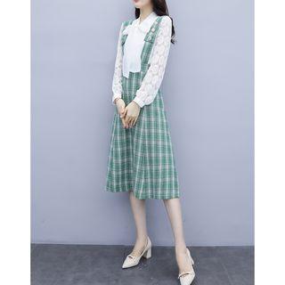 Set: Tie-neck Blouse + Plaid Midi Jumper Skirt