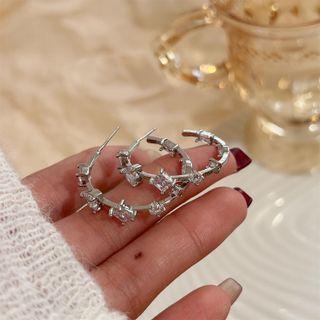 Rhinestone Heart Hoop Earring 1 Pair - Hoop Earring - Love Heart - Silver Pin - Silver - One Size
