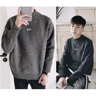 Mock-neck Letter Embroidered Sweater