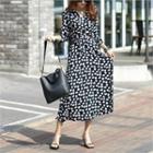 Flared Patterned Long Wrap Dress Navy Blue - One Size