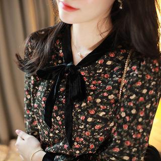 Velvet Tie-neck Floral Midi A-line Dress