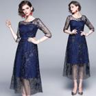 Flower Embroidered Mesh 3/4-sleeve A-line Midi Dress