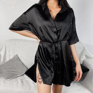 Elbow-sleeve Plain Mini Shirtdress