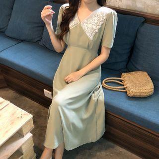 Short-sleeve Lace Panel A-line Dress Green - One Size