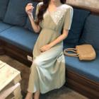 Short-sleeve Lace Panel A-line Dress Green - One Size