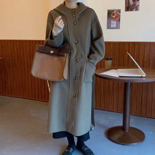Plain Hooded Single-breasted Midi Coat
