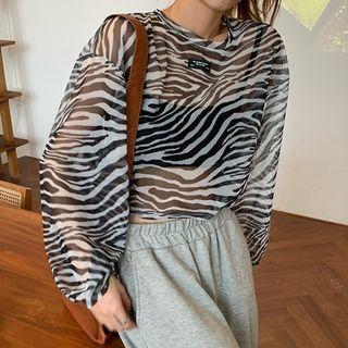 Puff-sleeve Zebra Print Mesh T-shirt