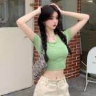 Round-neck Plain Cropped Top / High-waist Washed Straight-cut Jeans