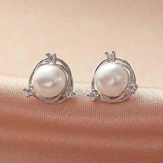 Rhinestone Faux Pearl Stud Earring 1 Pair - Silver & White - One Size