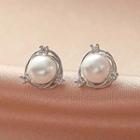 Rhinestone Faux Pearl Stud Earring 1 Pair - Silver & White - One Size