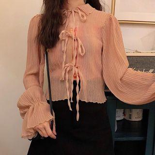 Long-sleeve Crinkled Ribbon Top / Spaghetti Strap Top