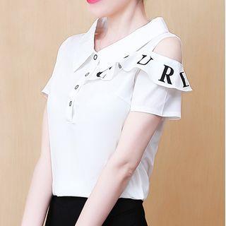 Asymmetric Cold-shoulder Lettering Chiffon Top
