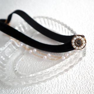 Faux Pearl Velvet Layered Choker Black - One Size