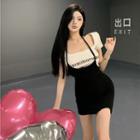 Short-sleeve Square Neck Lettering T-shirt / Halter Mini Overall Dress