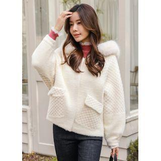 Faux-fur Waffle Knit Zip-up Hoodie