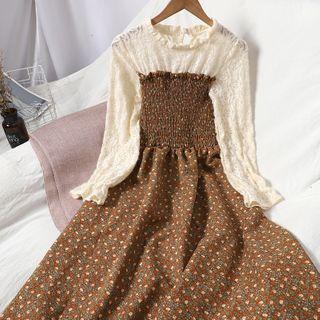 Long-sleeve Lace Panel Floral Print Midi A-line Dress