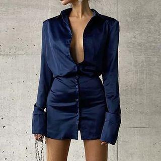 Satin Long Sleeve Mini Bodycon Shirtdress