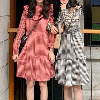 Long-sleeve Frilled Collar Plaid Dress