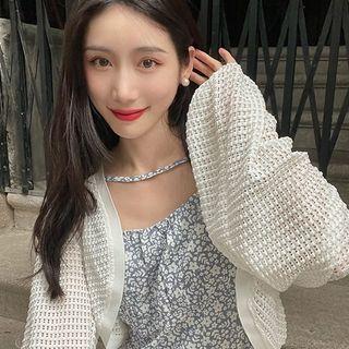 Puff-sleeve Knit Light Cardigan White - One Size