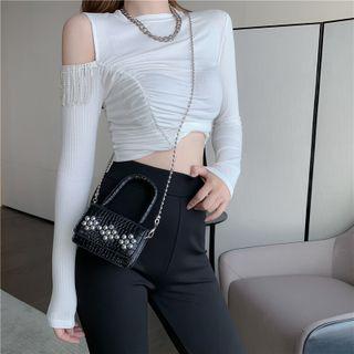 Cold Shoulder Ruched Tassel Top / High Waist Slit Pants