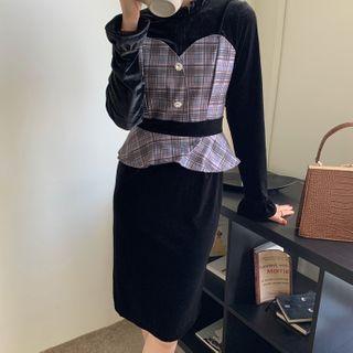 Long-sleeve Plaid Panel Velvet Midi Dress Black & Gray - One Size