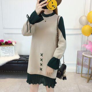 Two-tone Lace-up Mini Sweater Dress