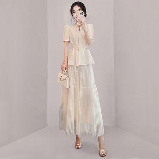 Set: Short-sleeve Drawstring Blazer + Midi A-line Skirt