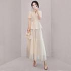 Set: Short-sleeve Drawstring Blazer + Midi A-line Skirt