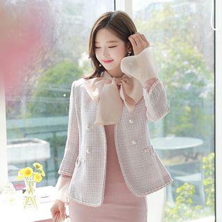 Collarless Faux-pearl Tweed Blazer